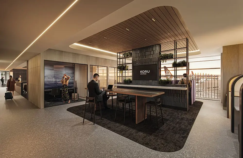 Render of business area at the new Air New Zealand Koru Lounge at Auckland International Airport.