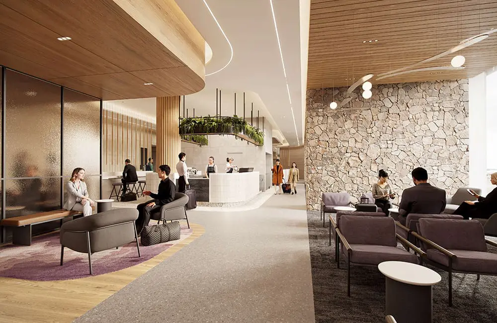 Render of the new Air New Zealand Koru Lounge for Airpoints Elite and Business Premier passengers.