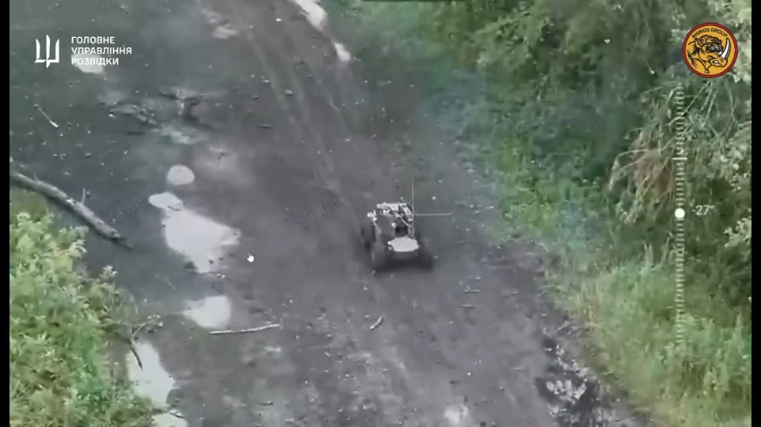 Ukrainian Ground robot "Lyut" operated by SOF of the Ukrainian Defense Intelligence shoots Russian positions with a machine gun in the Sumy region [Published 14.07.2025]