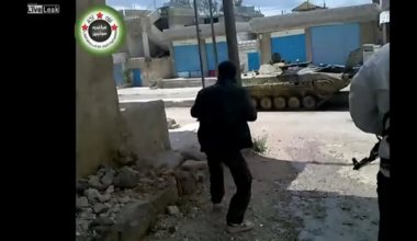 Group of Syrian rebels taking a direct hit from a Syrian Army BMP-1. Circa 2012, Syria.