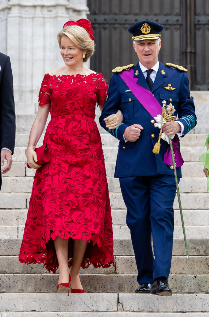 Queen Mathilde Belgium’s Royal Family Celebrates National Day  Natan Couture red dress