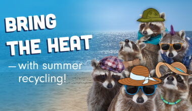 Six Recycling Raccoons on the beach bringing the heat with summer recycling