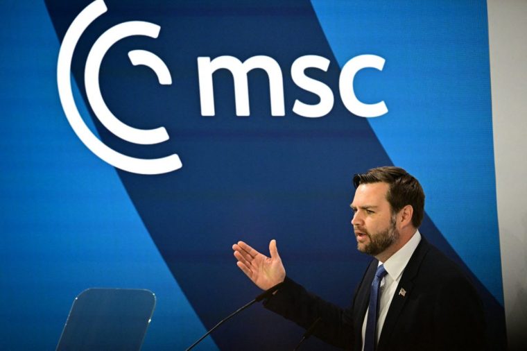 US Vice President JD Vance delivers his speech during the 61st Munich Security Conference (MSC) in Munich, southern Germany on February 14, 2025. (Photo by Tobias SCHWARZ / AFP) (Photo by TOBIAS SCHWARZ/AFP via Getty Images)