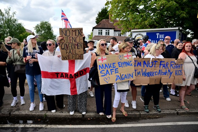 Protesters demonstrate against the Bell Hotel which is used to house asylum seekers in Epping. Mandatory Credit: Photo by James Veysey/Shutterstock (15406770t) Protesters demonstrate against a hotel housing asylum seekers Asylum hotel protest, Epping, UK - 20 Jul 2025