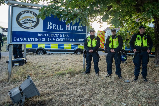 Mandatory Credit: Photo by Lab Ky Mo/SOPA Images/Shutterstock (15407634j) A tight cordon of Police officers surround Bell Hotel. Only days after anti-immigration protestors clashed with Police outside the Bell Hotel in Epping, a large police presence surrounded the hotel which is currently used to house asylum seeker refugees. Protestors turned up once again to call for the Home Office to close the hotel. The demonstration passed off peacefully with only one arrest. Bell Hotel Asylum seeker Immigrant protest in London - 20 Jul 2025
