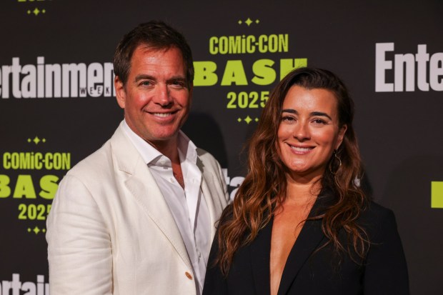 Michael Weatherly, left, and Cote de Pablo attend Entertainment Weekly's Comic-Con Bash on Saturday, July 26, 2025, in San Diego. (Photo by Andrew Park/Invision/AP)