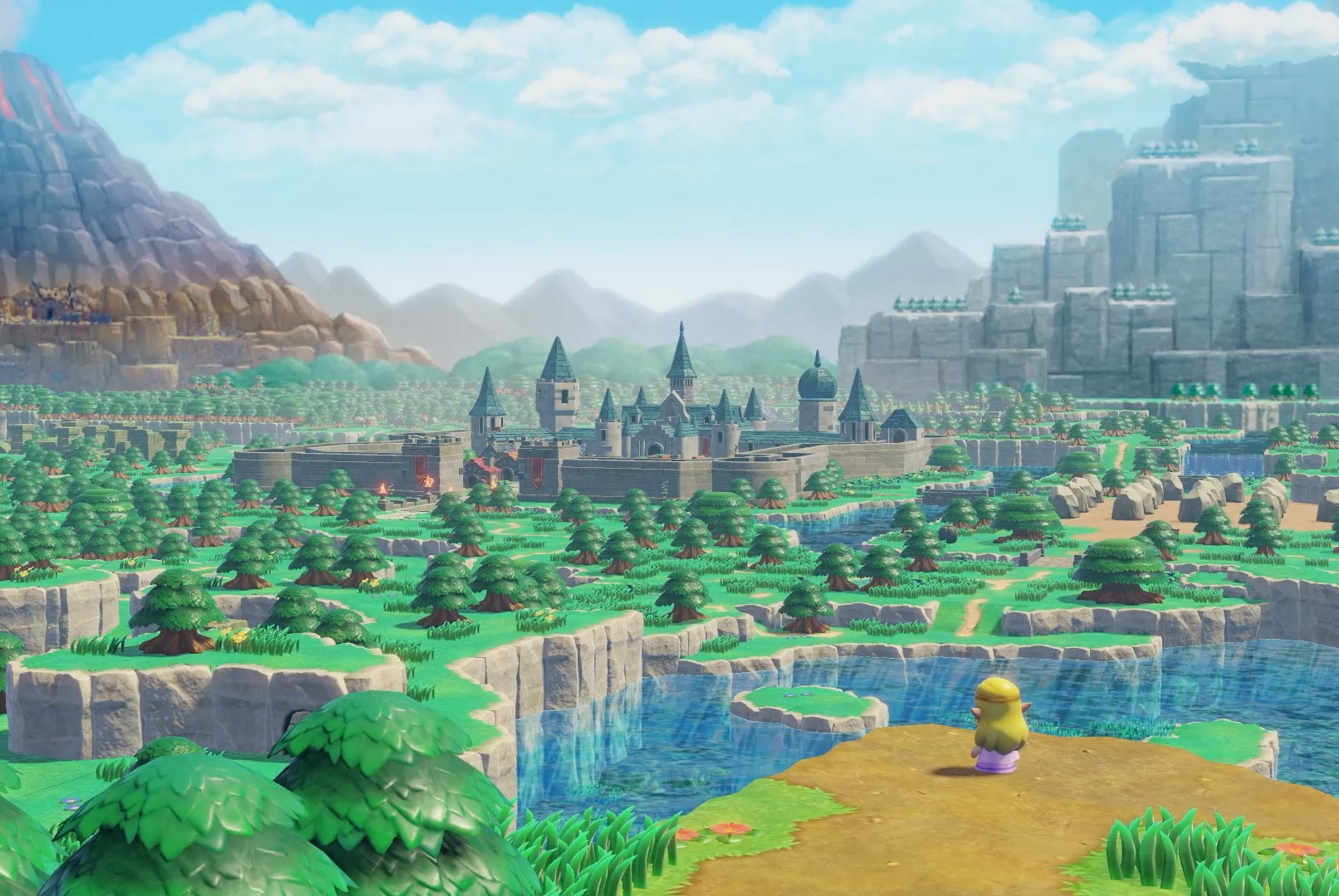 Princess Zelda stands before a wide landscape diorama with Hyrule Castle in the distance in The Legend of Zelda: Echoes of Wisdom