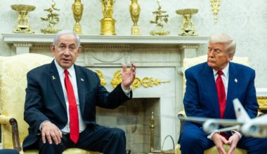 Israel’s Prime Minister Benjamin Netanyahu visits with President Trump in the Oval Office at the White House in Washington, on April 7.
