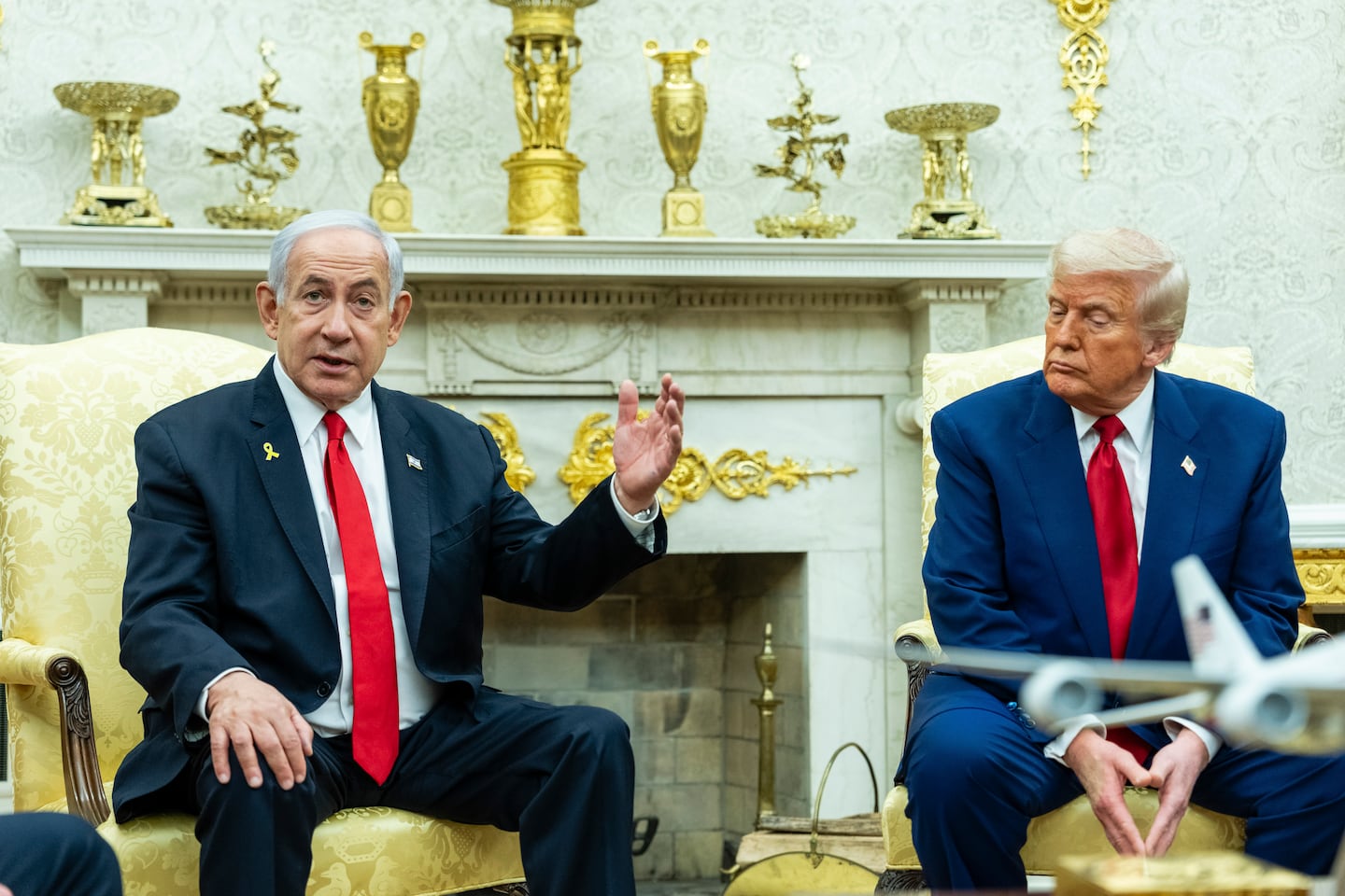 Israel’s Prime Minister Benjamin Netanyahu visits with President Trump in the Oval Office at the White House in Washington, on April 7.
