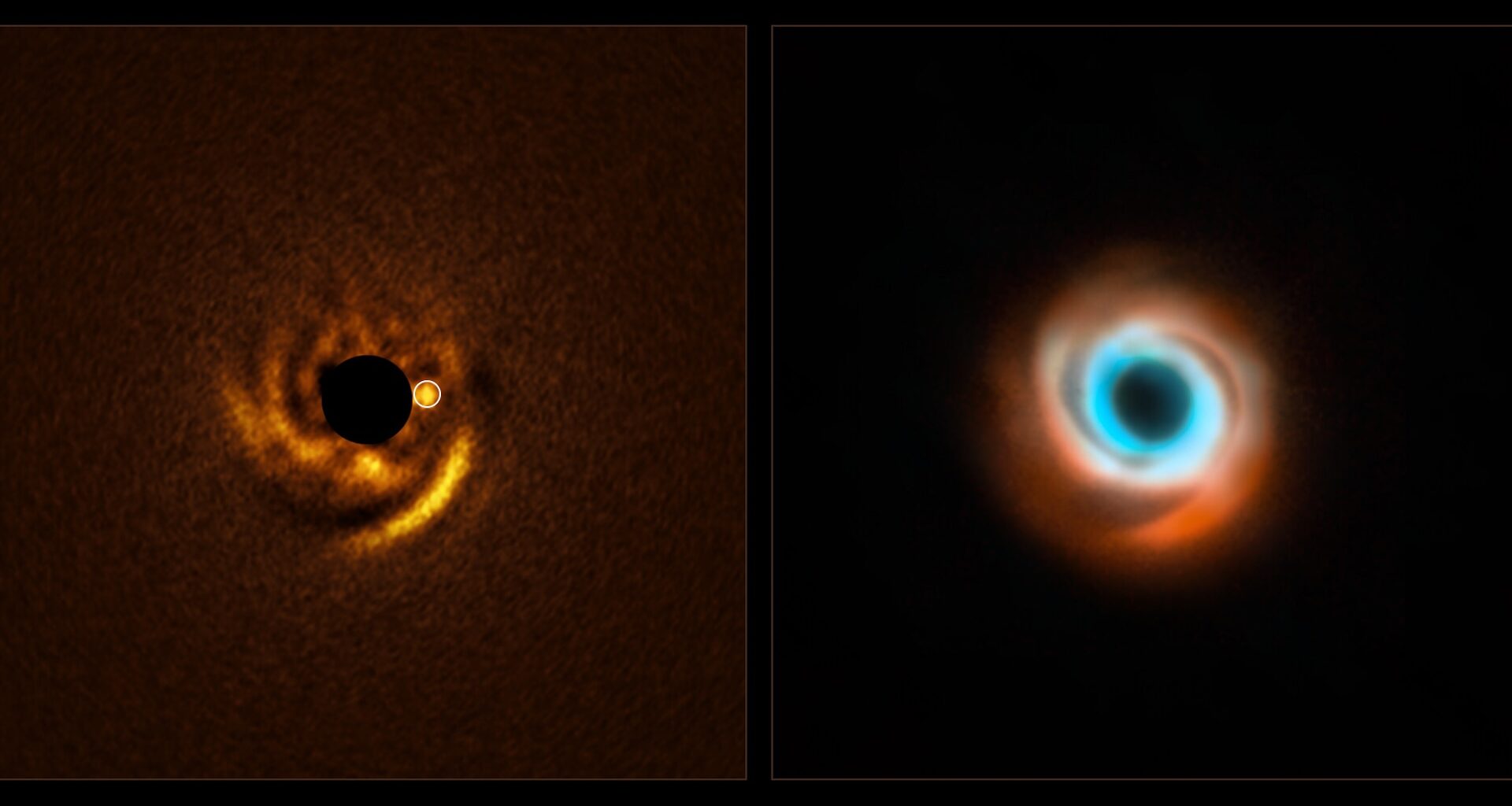 on the left, an image of yellow glowing spirals around a black circle. On the right, an image of blue and red glowing spirals around a black circle.