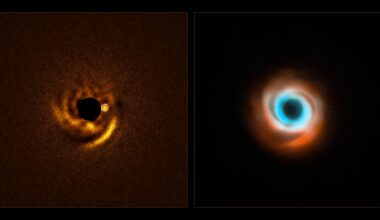 on the left, an image of yellow glowing spirals around a black circle. On the right, an image of blue and red glowing spirals around a black circle.