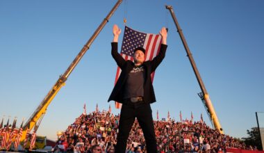 Tesla and SpaceX CEO Elon Musk walks to the stage to speak at the Butler Farm Show, Oct. 5, 2024, in Butler, Pa.