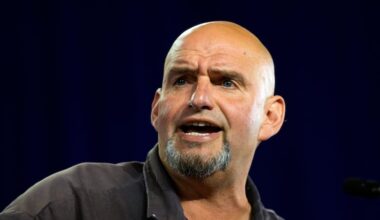 Sen. John Fetterman (D. Pa.) speaks ahead of Democratic vice presidential candidate Minnesota Gov. Tim Walz during a campaign event in York, Pa, Oct. 2, 2024.
