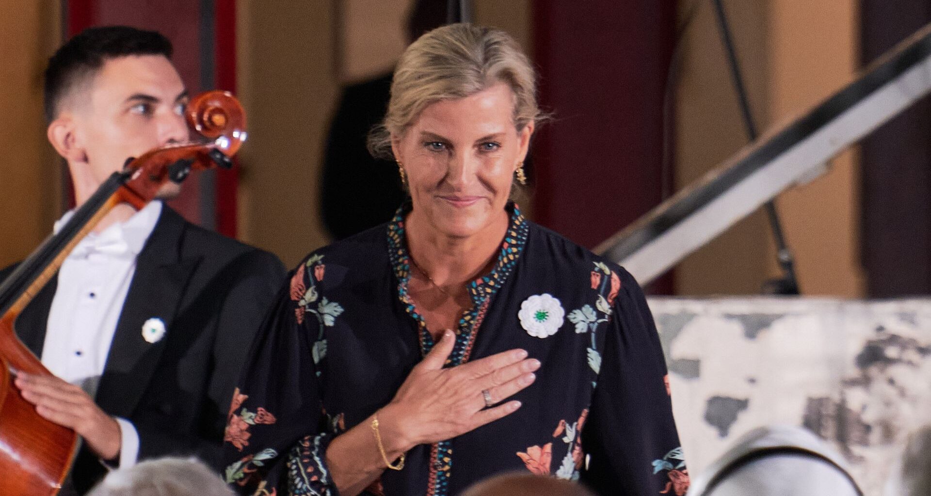 Sophie, Duchess of Edinburgh visits Bosnia, she is wearing a Srebrenica Flower pin