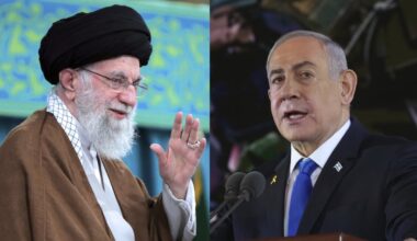 Iran's Supreme Leader Ayatollah Ali Khamenei (L) waves to the crowd in a meeting in Tehran, Iran, October 27, 2024. (Office of the Iranian Supreme Leader via AP); Prime Minister Benjamin Netanyahu speaks during a ceremony marking the Hebrew calendar anniversary of the Hamas attack on October 7, 2023, in Jerusalem, October 27, 2024. (Gil Cohen-Magen/Pool Photo via AP)