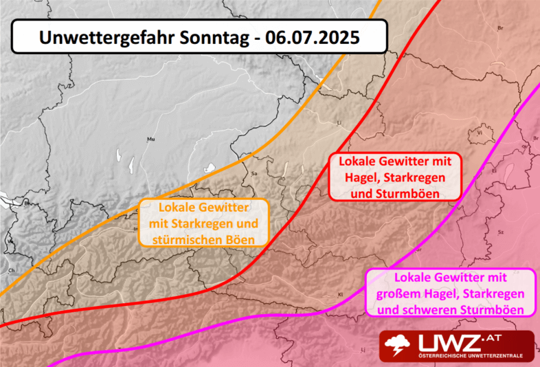 Einschätzung der Unwettergefahr durch Gewitter in Österreich am Sonntag, dem 06.07.2025 - www.uzw.at