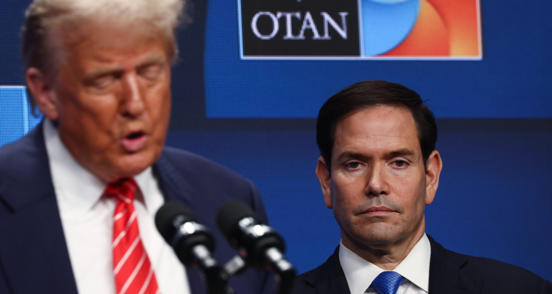 President Donald Trump and USA Secretary of State Marco Rubio during the press conference at the NATO Summit in The Hague, Netherlands on June 25, 2025.