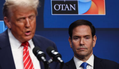President Donald Trump and USA Secretary of State Marco Rubio during the press conference at the NATO Summit in The Hague, Netherlands on June 25, 2025.