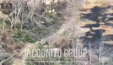 a russian sapper trying to blow a barbed wire obstacle with an anti-tank mine gets hit by fpv, entangled, his mine catches fire and explodes, killing him. NSFW.