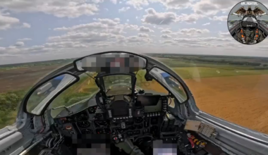 Cockpit perspective from inside a Ukrainian MiG-29 fighter jet on its way to attack a Russian position with GBU-39 bombs.