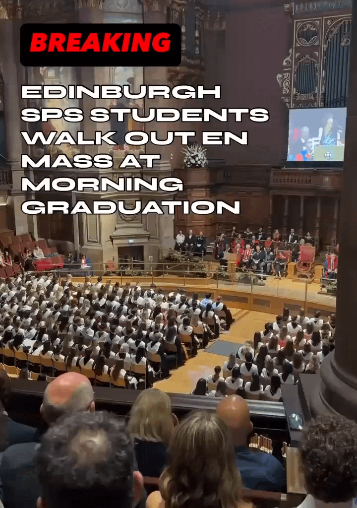 Edinburgh graduates in Engineering, Chemistry, Physics and English disrupted and walked out of their ceremony, continuing solidarity with Palestine and in protest of the university's financial ties with Israel.