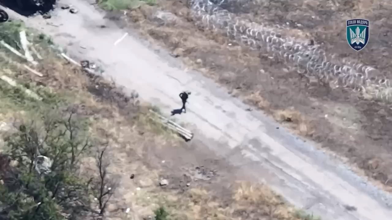 Russian soldier burns to death after being immobilized by a Ukrainian FPV drone hit of the 414th UAV Strike Brigade "Birds of Madyar" [published 30th of July 2025]