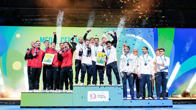 The Great Britain gymnastics team celebrate their win with confetti on the podium at the 2025 European Artistic Gymnastics Championships in Leipzig, Germany, from May 26 to May 31, 2025.