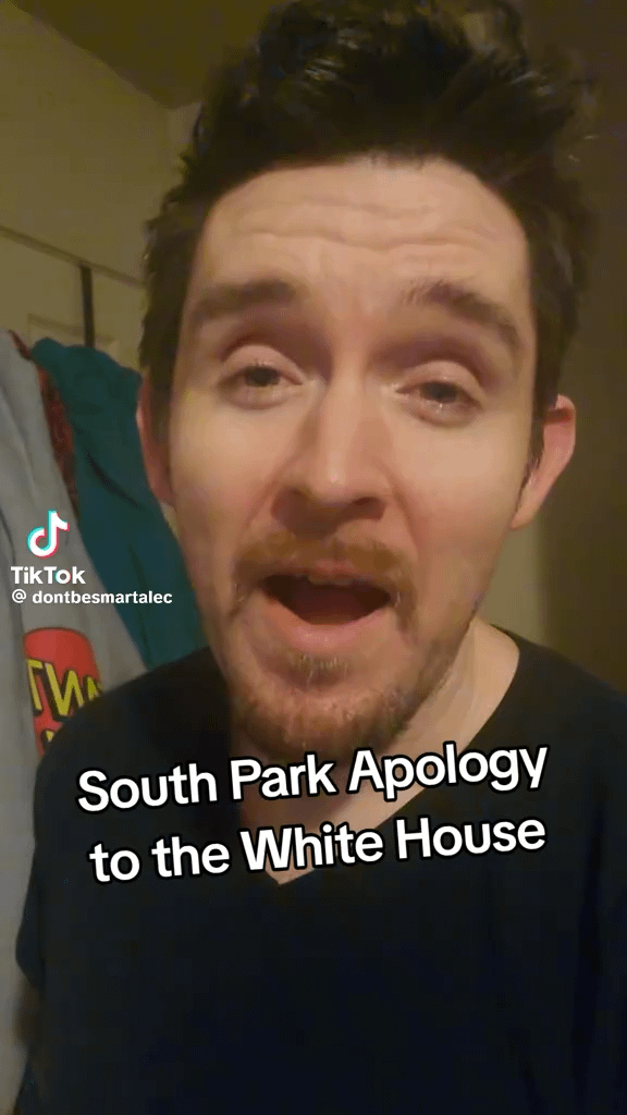 South Park’s HR rep Alec Hamlin apologizes to the White House: “We are very sorry,” as a toilet flushes and poop splashes in the background.