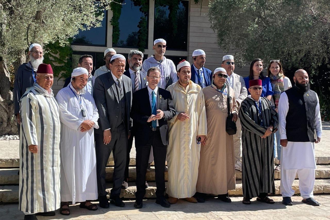A delegation of imams and Muslim community leaders meets with President Isaac Herzog at the President’s Residence in Jerusalem on July 7, 2025. (Photo via Times of Israel)