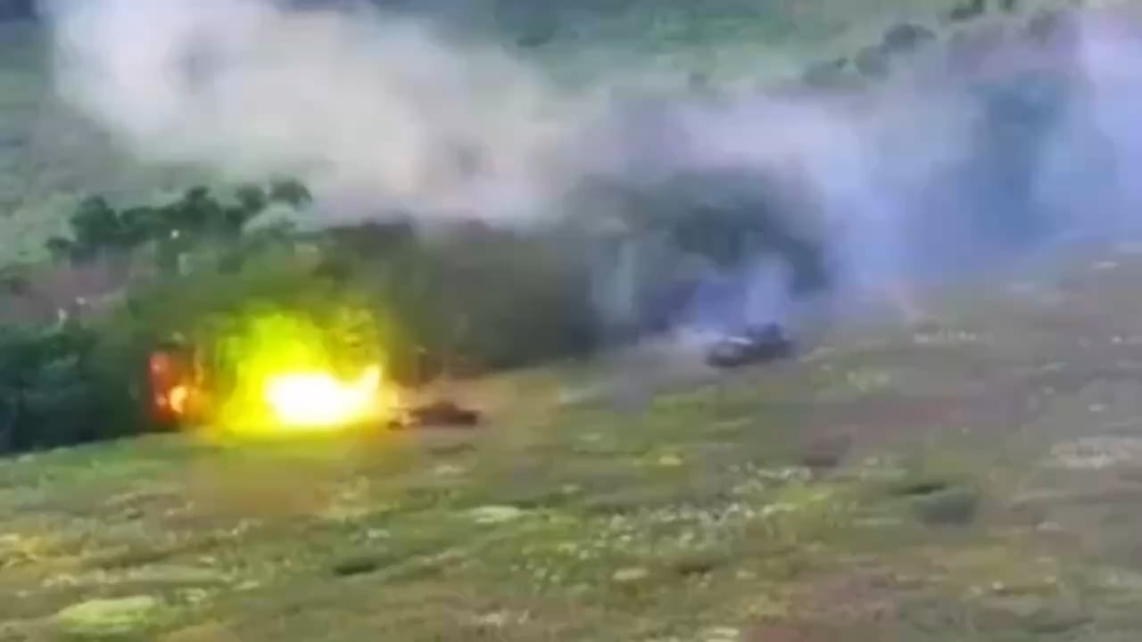 Ukrainian T-72AMT and BTR-4E fire at Russian infantry in the tree line at close range, causing casualties, 3rd Tank Brigade, Kharkiv Oblast, summer 2025