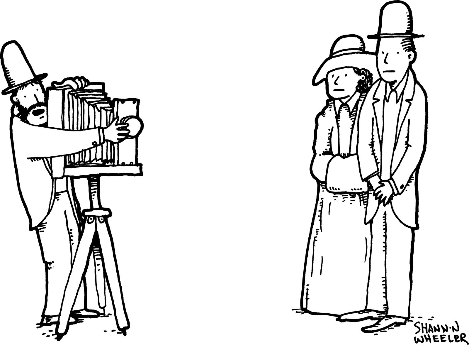 Couple posing in front of oldfashioned camera.
