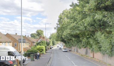 Hylton Road in Worcester with a wall on one side and houses on the other, with cars and vans parked outside. There are trees, ivy and shrubs overhanging the wall and there are cars driving in the road. A woman is walking on a pavement near a wheeled bin.
