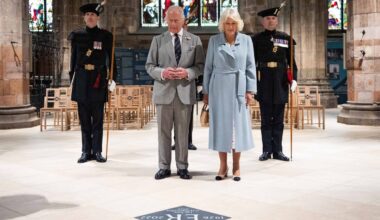 Charles and Camilla attend service to dedicate memorial stone to the late Queen