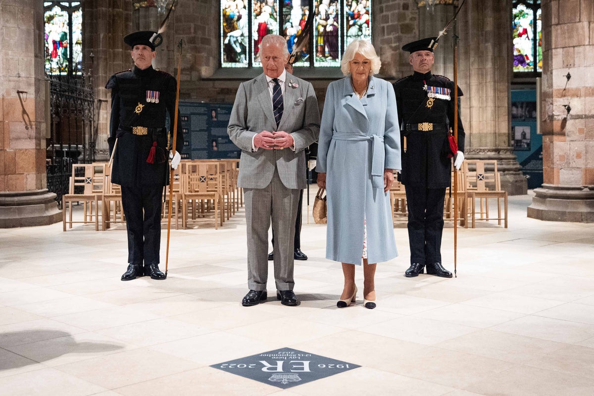 Charles and Camilla attend service to dedicate memorial stone to the late Queen