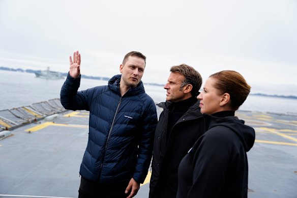 Frederiksen meets French President Emmanuel Macron (centre) and Greenlandic Prime Minister Jens-Frederik Nielsen in Greenland last month.
