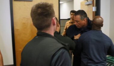 U.S. Sen. Alex Padilla is pushed out of the room as Homeland Security Secretary Kristi Noem holds a news conference regarding the recent protests in Los Angeles on Thursday, June 12, 2025. (AP Photo/Etienne Laurent, file)