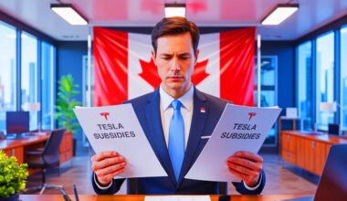 Illustration of the Canadian government's decision to freeze Tesla subsidies amid legal controversy. Image generated by AI.