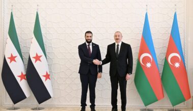 Syrian President Ahmed al-Sharaa (L) meets with Azerbaijans President Ilham Aliyev (R) in Azerbaijan capital Baku during an official visit on July 12, 2025. (Azerbaijani Presidency / Handout)