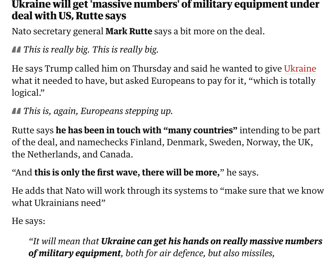 Ukraine will get 'massive numbers' of military equipment under deal with US, Rutte says