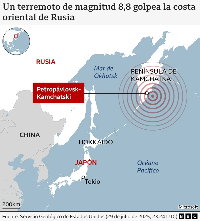 ubicación del terremoto de 8,8 que ocurrió en las costas de rusia
