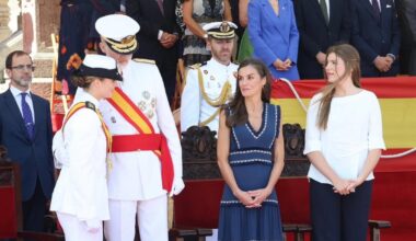 King Felipe VI and Queen Letizia, accompanied by Infanta Sofía, attend the oath-taking ceremony before the Flag and the presentation of Royal Commissions in Marín.