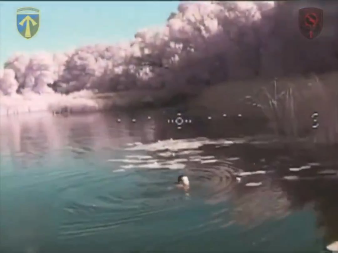 Ukrainian fiber-optic FPV drone hit a swimming Russian soldier. Published by the 57th Motorized Brigade. Vovchansk direction. July 2025 [Pbl. 13.07.2025]