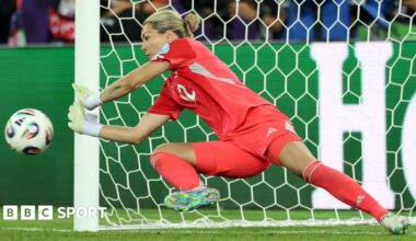 Sweden keeper Jennifer Falk reads notes on her water bottle about England's penalty takers in the Euro 2025 quarter-final