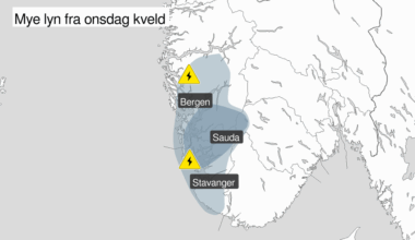 Gult farevarsel om mye lyn i Vestlandet