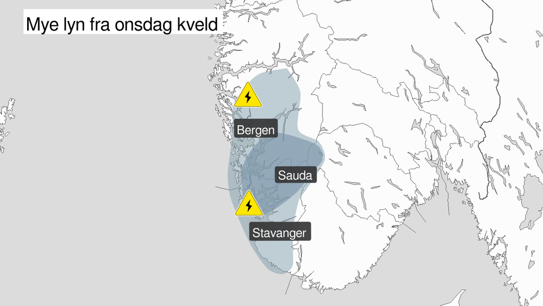 Gult farevarsel om mye lyn i Vestlandet