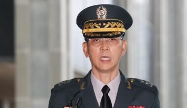 Maj. Gen. Kim Yong-dae, chief of the Drone Operations Command, speaks to reporters upon arrival at the Seoul High Prosecutors Office on July 17.
