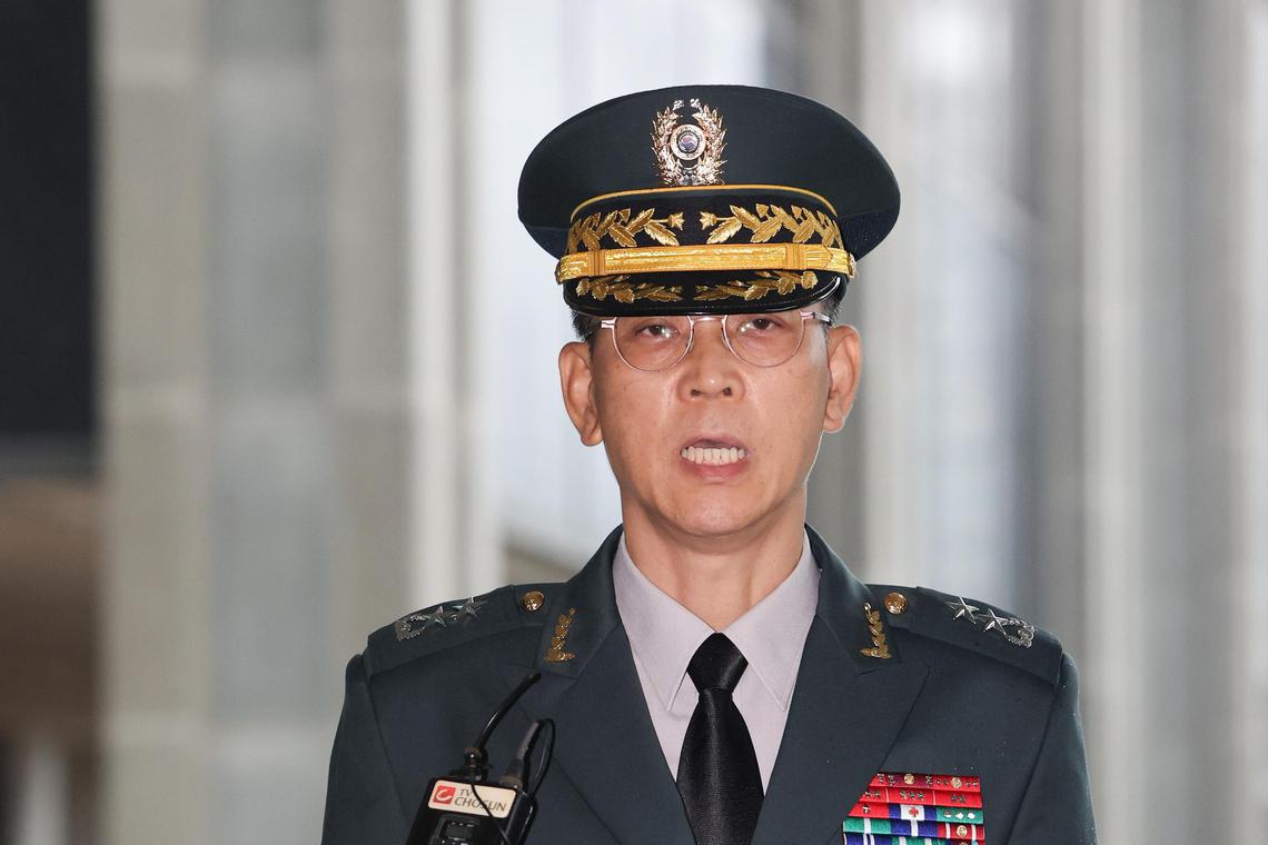 Maj. Gen. Kim Yong-dae, chief of the Drone Operations Command, speaks to reporters upon arrival at the Seoul High Prosecutors Office on July 17.