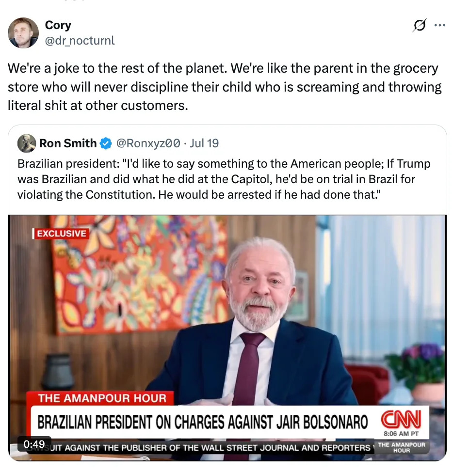 Tweet criticizing parenting, likening it to Brazil. News headline: Brazil's president speaks on charges against former President Jair Bolsonaro