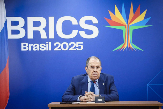 This handout picture released by the Russian Foreign Ministry shows Russian Foreign Minister Sergei Lavrov speaking during a press conference at the Brics summit in Rio de Janeiro, Brazil on July 7. [AFP/YONHAP]