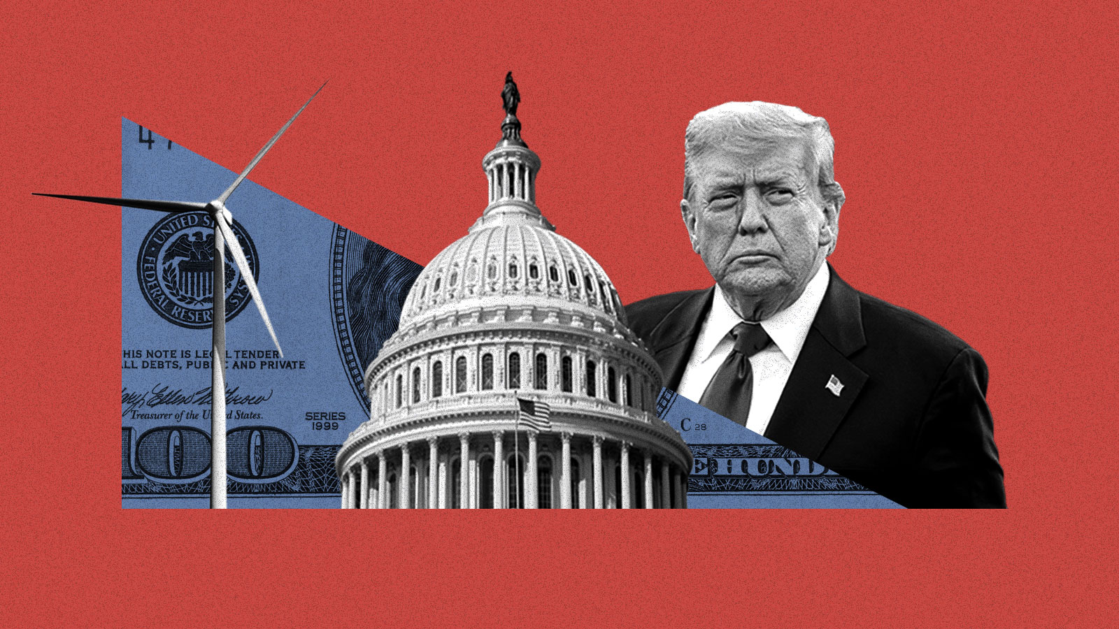 Collage of win turbine, slashed dollar bill, capitol building, and Trump